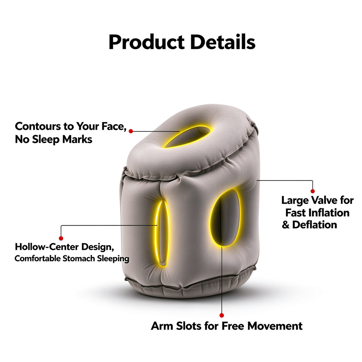 Ergonomic travel pillow details featuring face contour cutout, hollow center, and arm slots