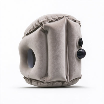 Side view of Lumkix inflatable travel pillow showing built-in manual press pump and air valve