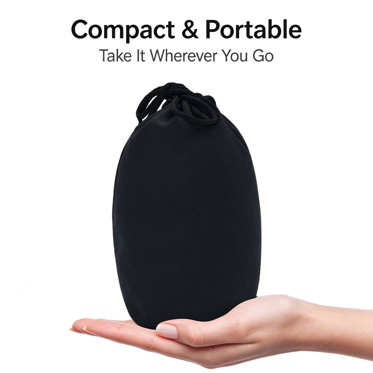 Compact and portable folded travel pillow inside palm-sized drawstring storage pouch