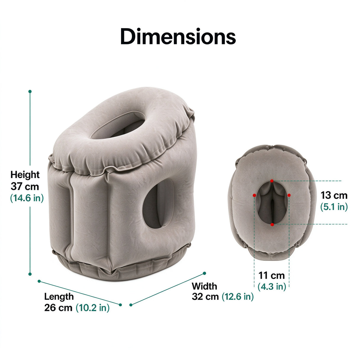 Lumkix inflatable travel pillow dimensions diagram with height, length, width, and face cradle size
