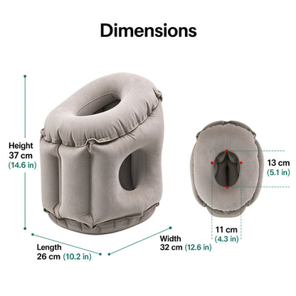 Lumkix inflatable travel pillow dimensions diagram with height, length, width, and face cradle size